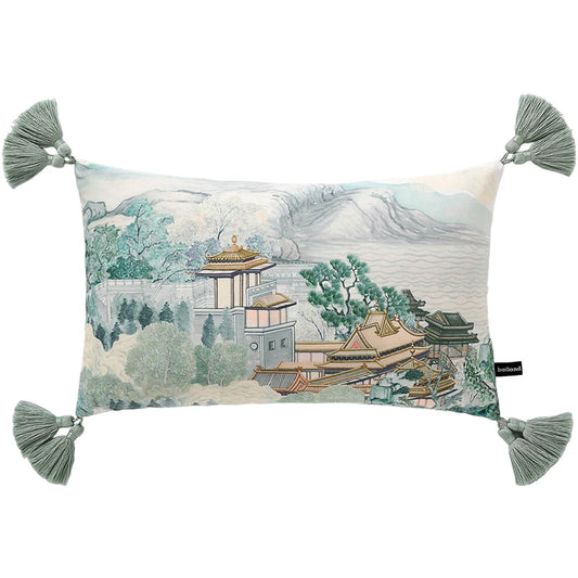 This velvet throw pillow cover features a serene Oriental pagoda landscape, accented with elegant tassels for a touch of sophistication. Plush and luxurious, it adds timeless beauty and tranquility to your home decor.