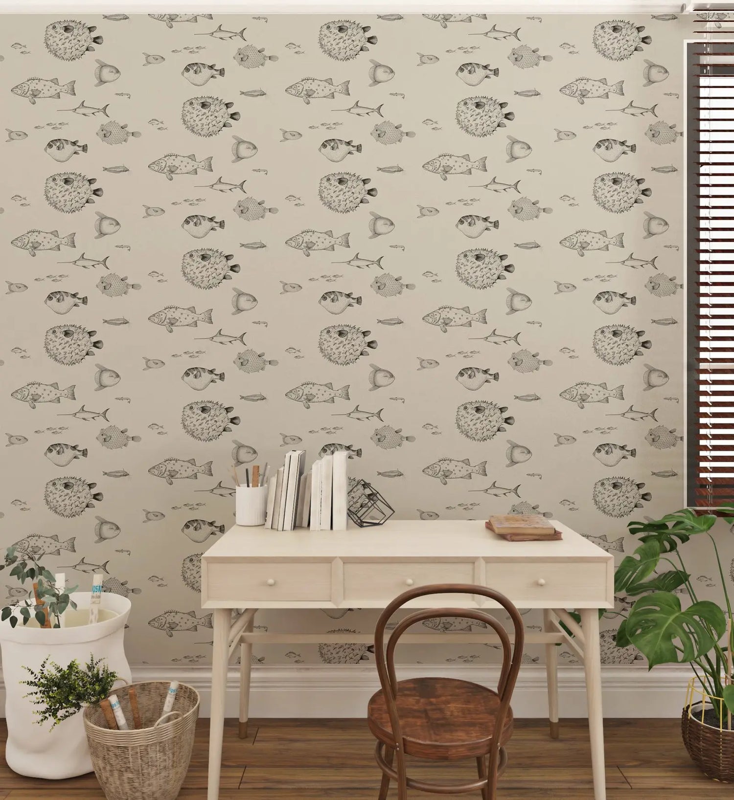 Room with wallpaper featuring fish patterns, a desk, and chairs.