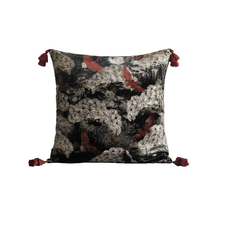 Scarlet Crane Velvet Embroidered Throw Pillow Cover