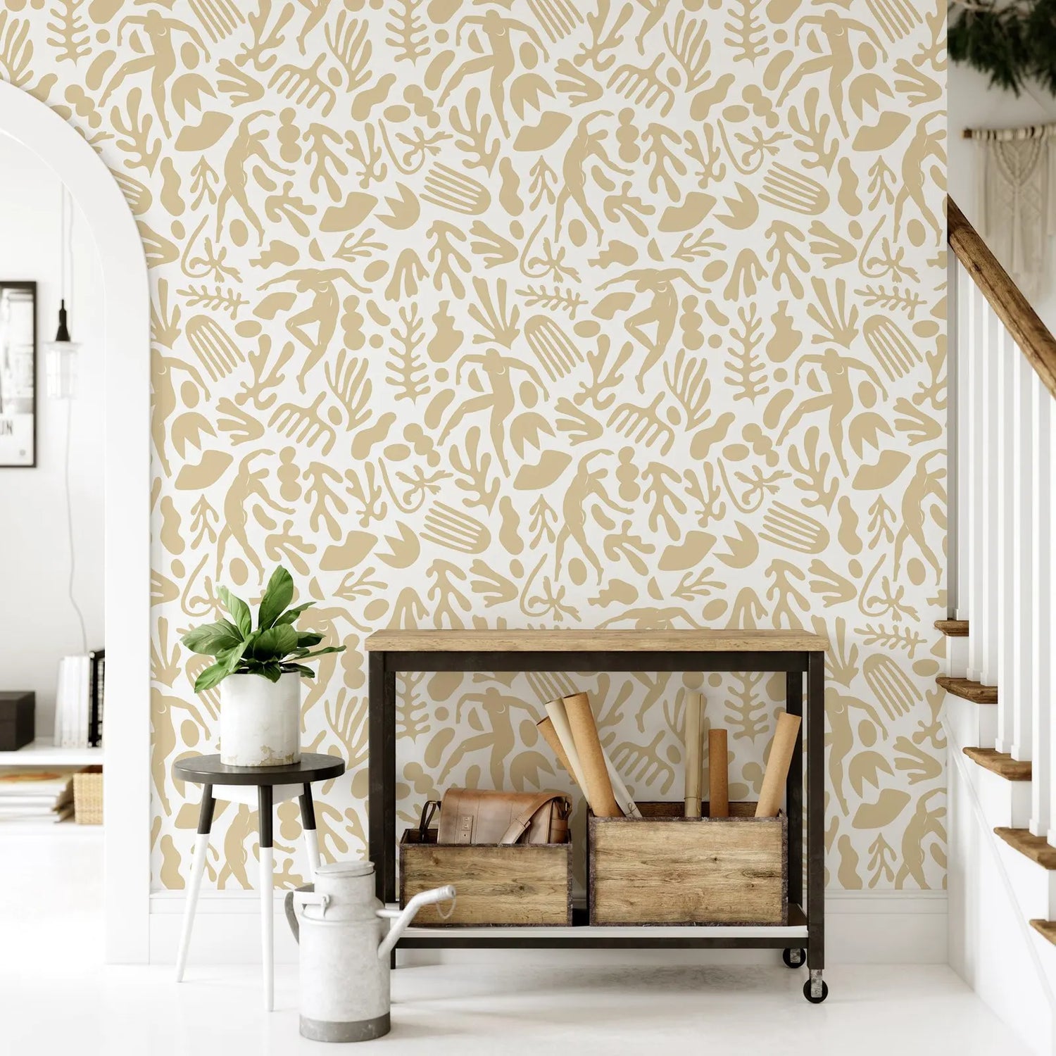 Patterned wallpaper with a wooden cart and plants in a room.