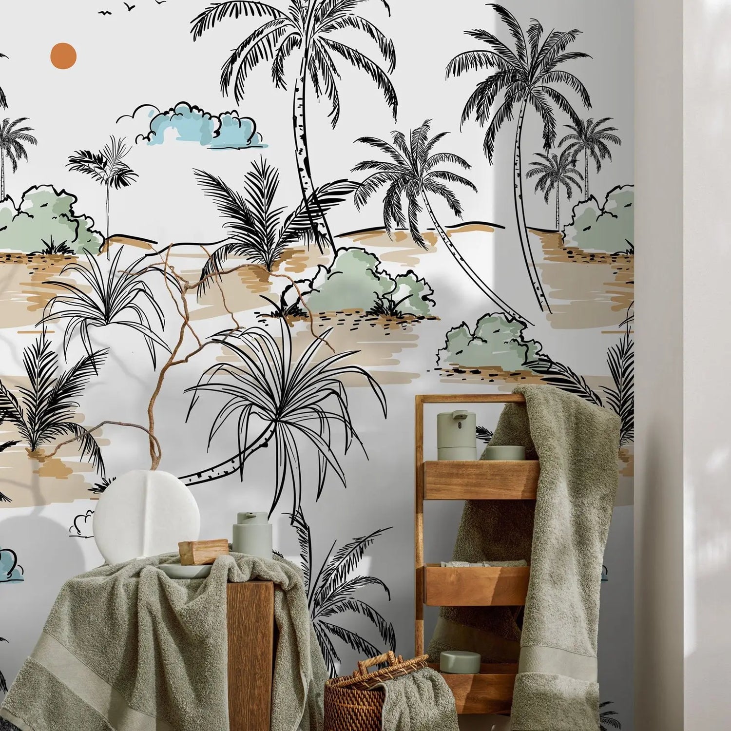 Tropical-themed wallpaper with palm trees and beach scene in a bathroom setting.