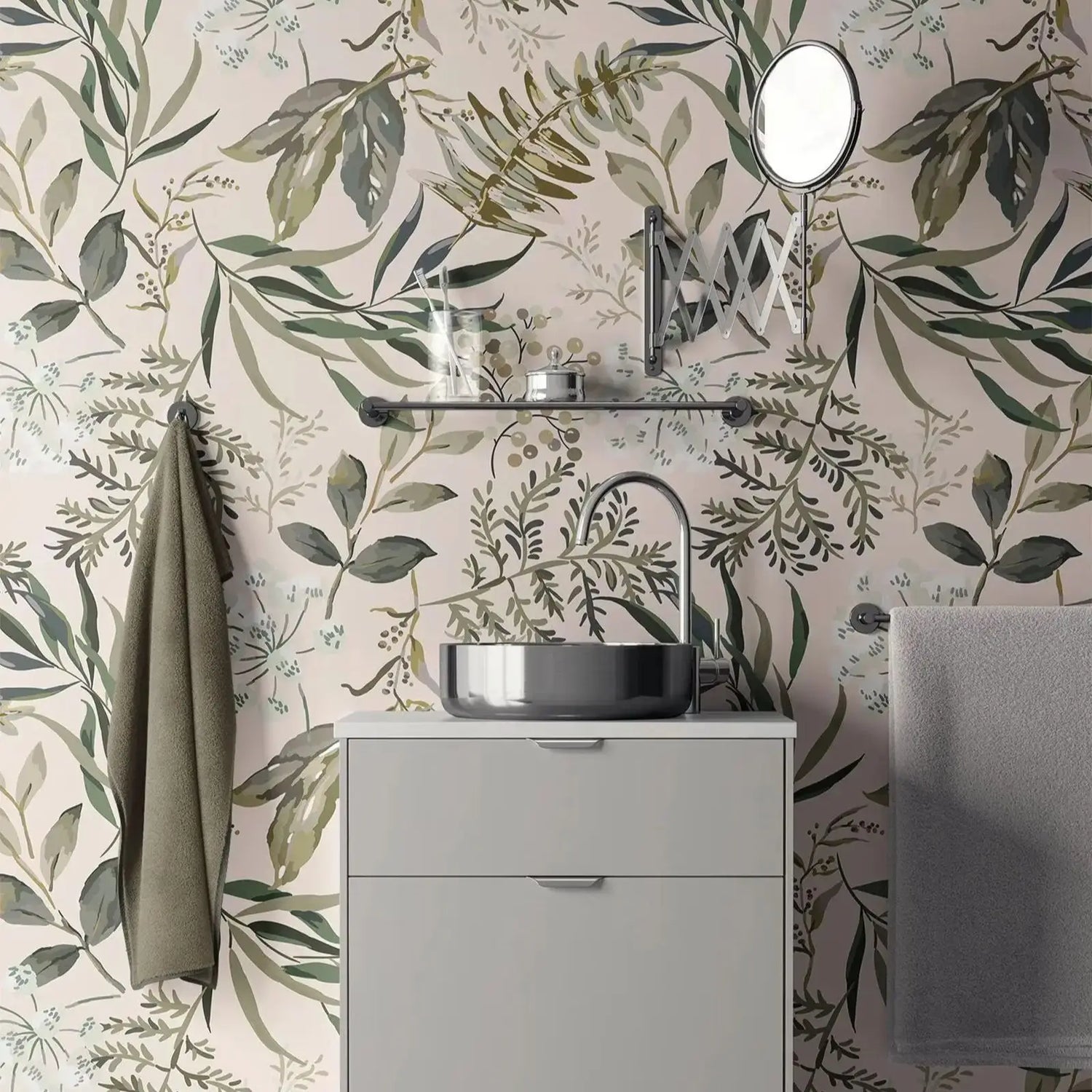 Bathroom with floral wallpaper, sink, and towel