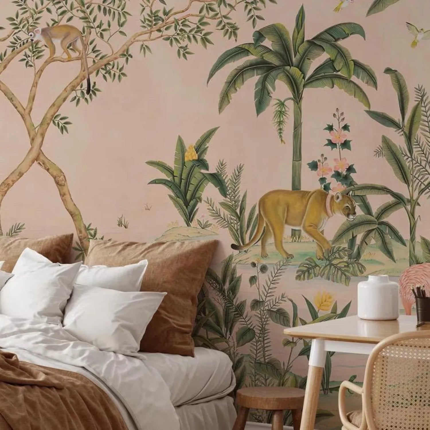 Room interior with jungle-themed wallpaper, bed, and table.