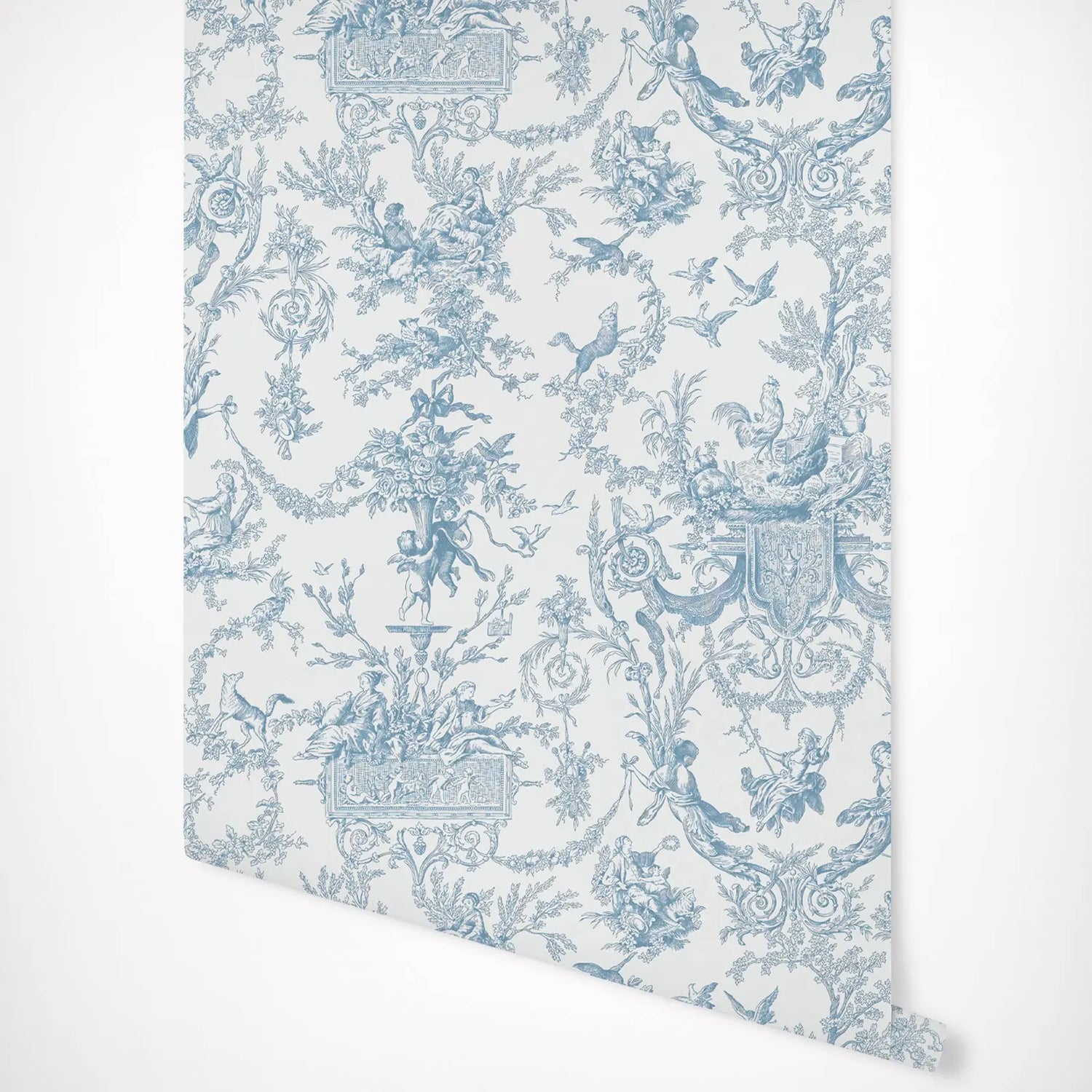 Roll of blue floral and bird patterned wallpaper on a white background