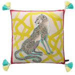 Hand-Drawn Chinoiserie Animal Inspired Pillow Cover with Tassels Yellow