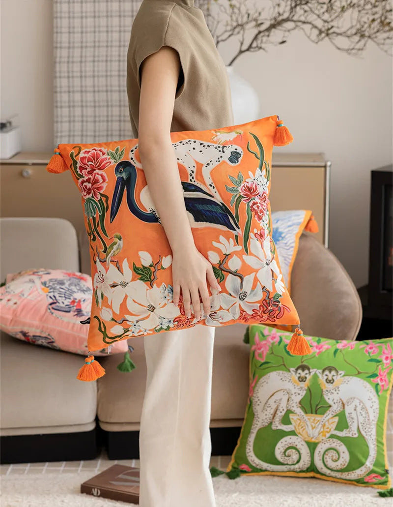 Exotic Avian & Floral Cushion Cover with Tassels
