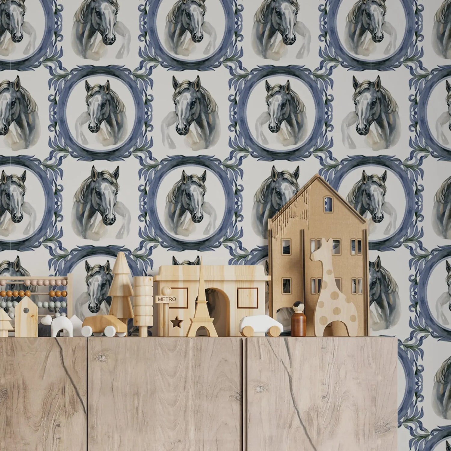 Children's room with wooden toys and a patterned wall featuring horse heads.