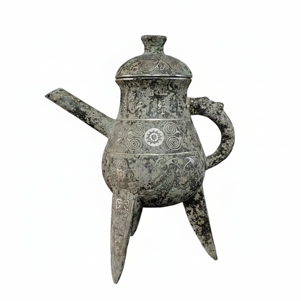 Bronze teapot with intricate designs on a black background