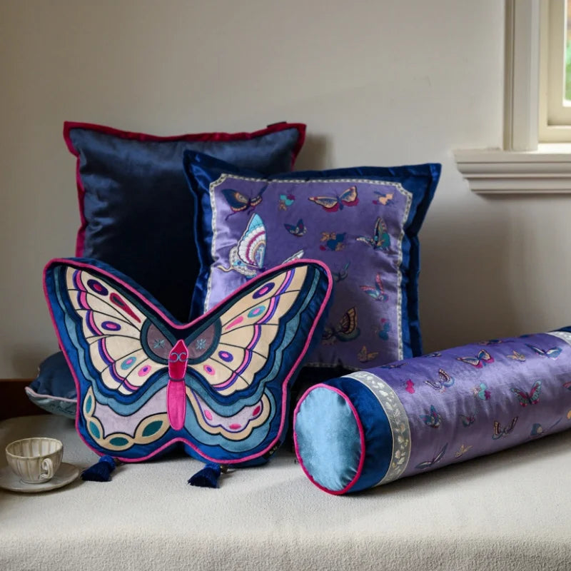 Chinoiserie Butterfly Purple & Blue Velvet Embroidered Throw Pillow