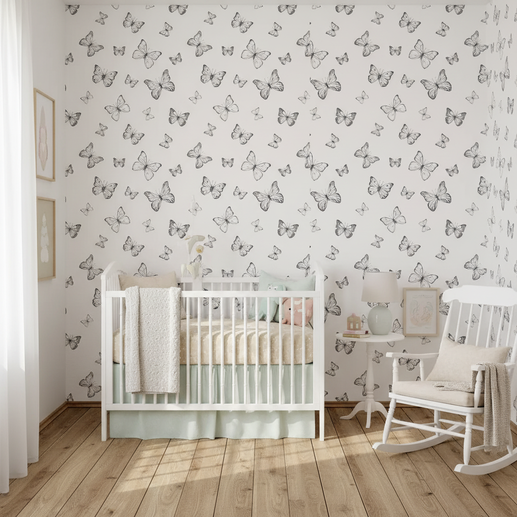 Nursery room with white crib, rocking chair, and butterfly-patterned wallpaper.