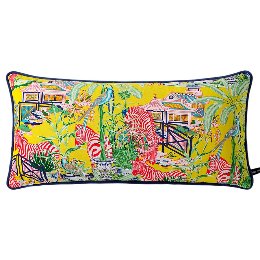 Luxe Chinoiserie decorative garden throw pillow featuring vibrant colors and exotic patterns including flora and striped tigers.