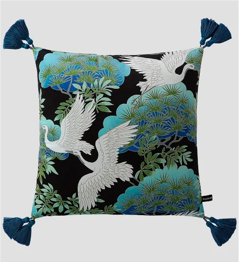 Opulent Midnight Crane & Pine Cushion Cover for Home