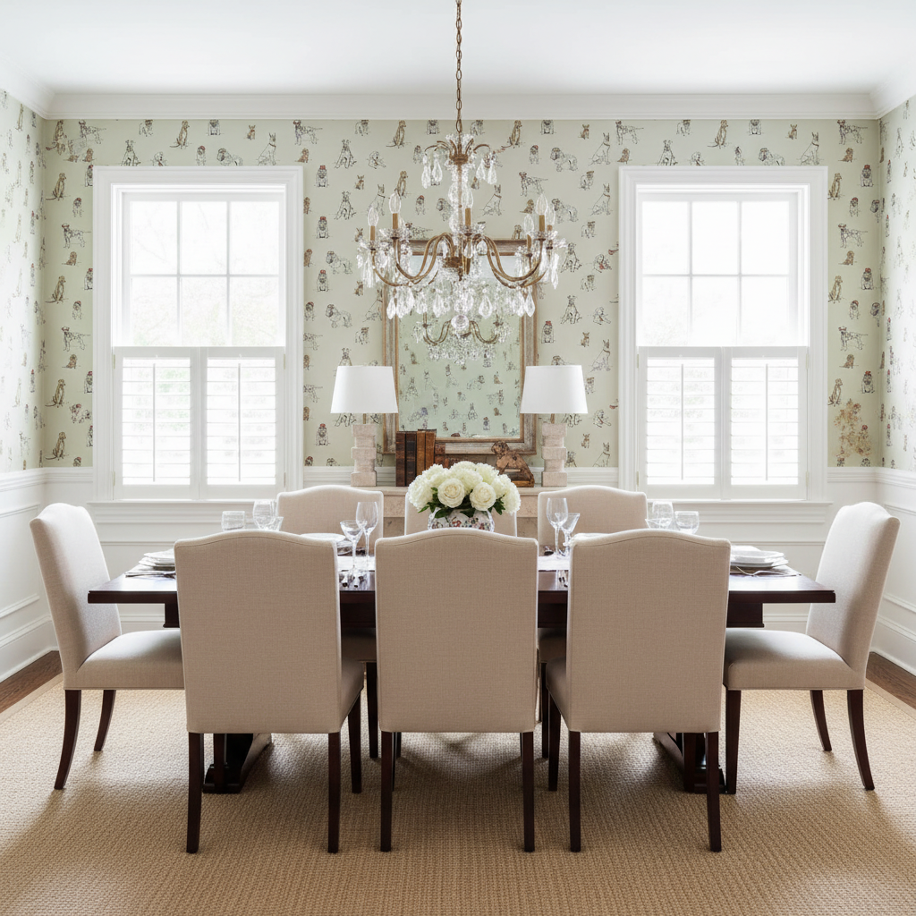Dining room with a table set for dinner, chairs, and decorative elements.