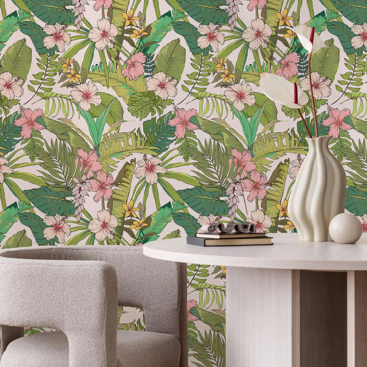 Room interior with floral and leaf-patterned wallpaper, a table, and decorative items.