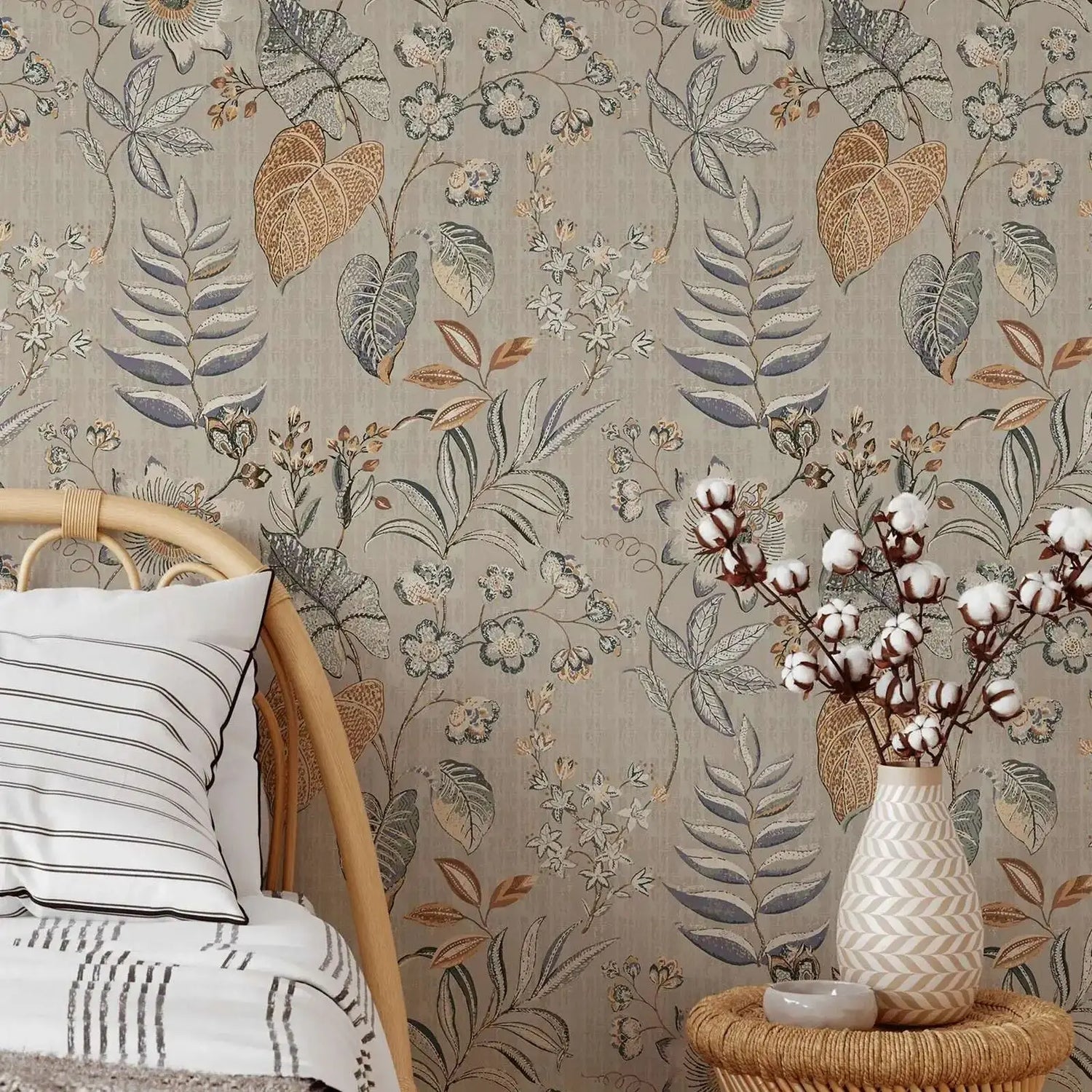 Floral wallpaper with a chair and decorative vase in the foreground