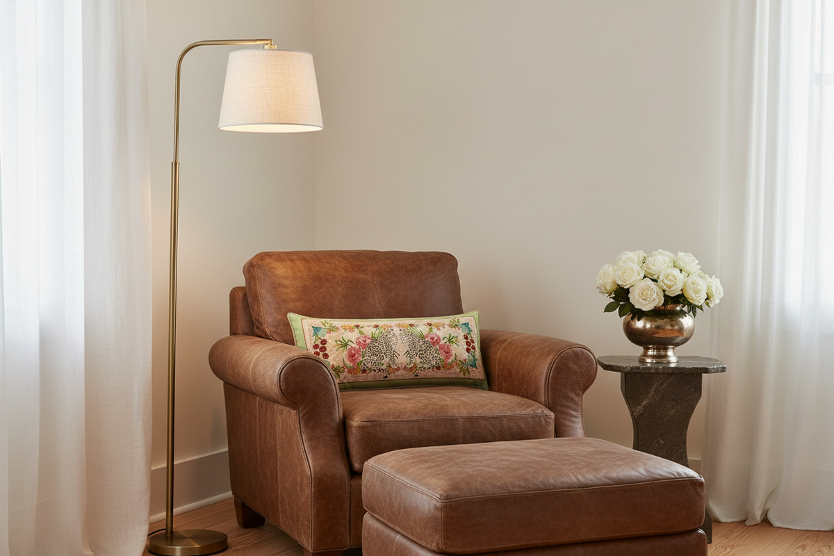 A brown leather armchair with a matching ottoman in a bright living room corner, featuring a floral accent pillow, a brass floor lamp, and a side table with white roses.