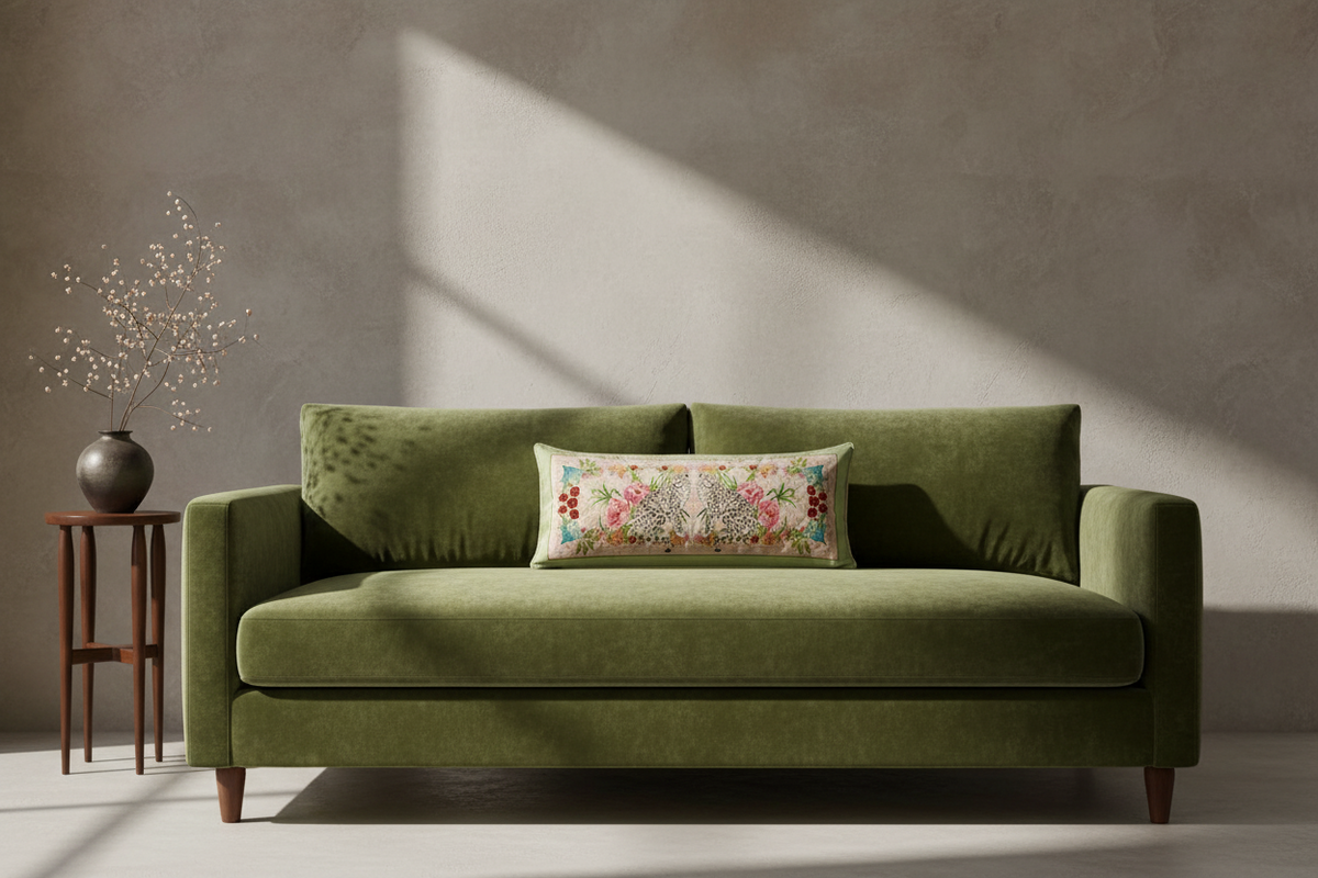 An olive green velvet loveseat sofa with a floral accent pillow, set against a textured gray wall with dramatic diagonal sunlight shadows. A small wooden side table with a vase of dried branches stands to the left.