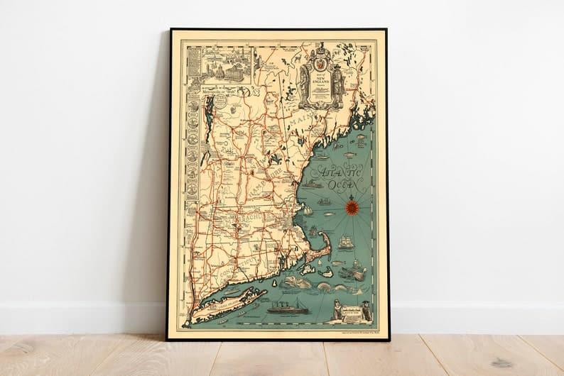 San Francisco Map Wall Print| Framed Map Wall Decor Old Map of New England| Atlantic Ocean Map 