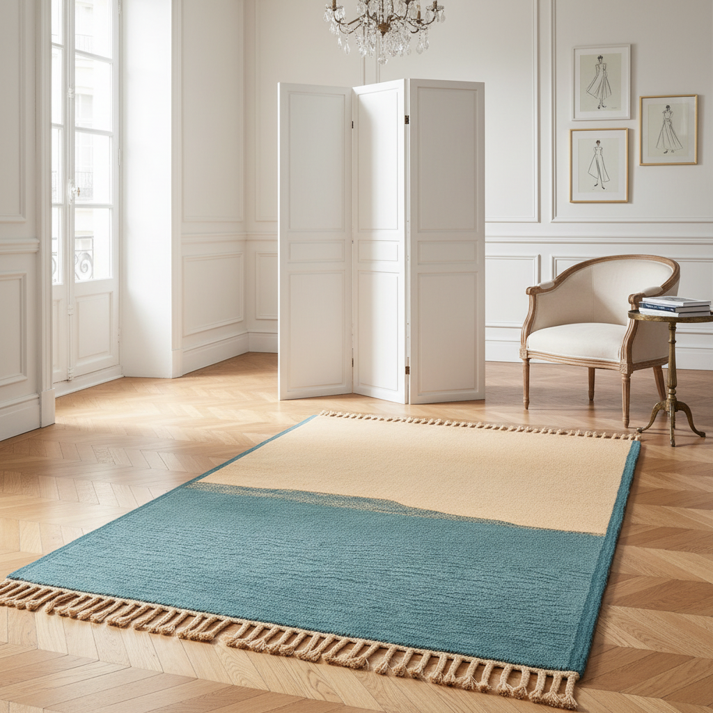 Blue rug with tassels on a wooden floor in a bright room with white walls and furniture.