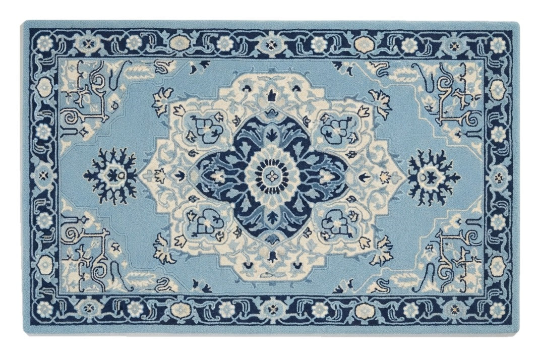 Sapphire Bloom Medallion Hand Tufted Rug shown flat on a white background