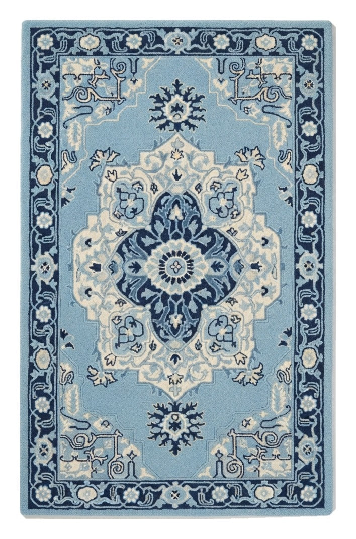 Sapphire Bloom Medallion Hand Tufted Rug — blue, navy, light blue traditional rug by Maia Homes on a white background