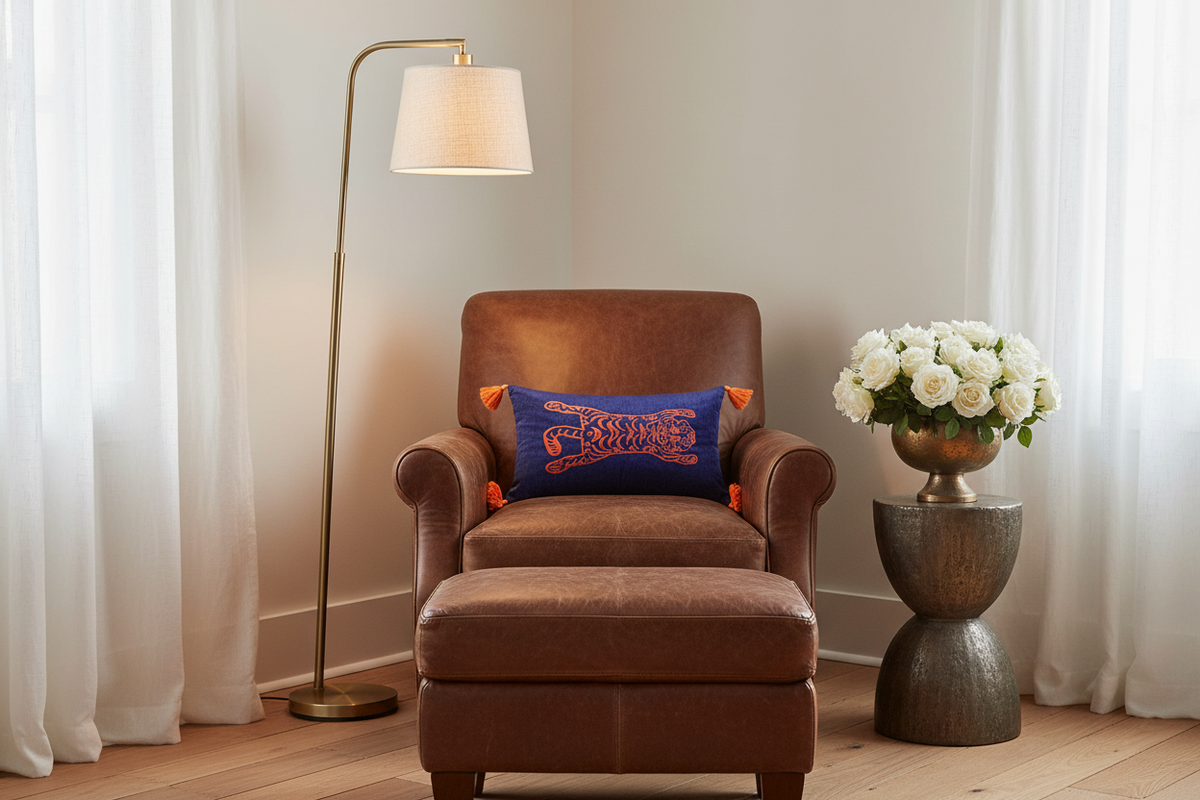A brown leather armchair with a matching ottoman in a softly lit room, styled with a blue throw pillow featuring orange embroidered details. A brass floor lamp stands to the left, and a pedestal table with white roses stands to the right.