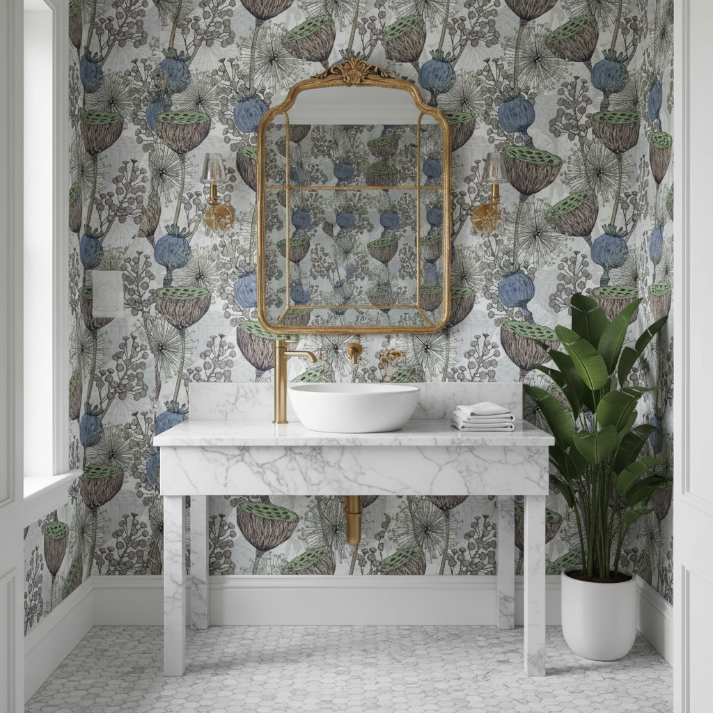 Bathroom with floral wallpaper, marble vanity, and decorative mirror.