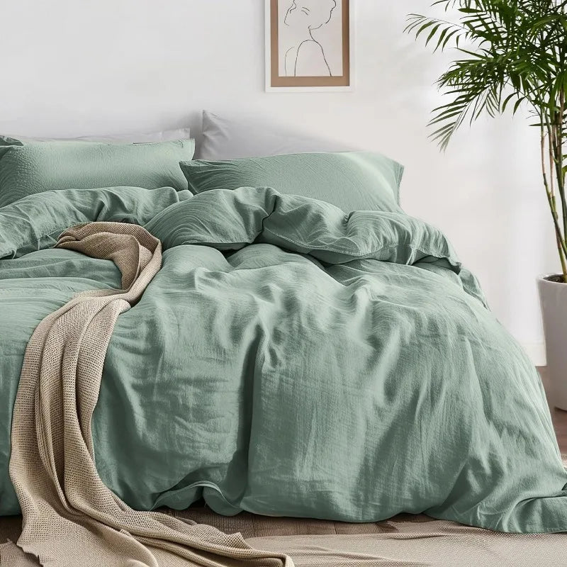 100% Washed Cotton Duvet Cover Set -  Sage Green