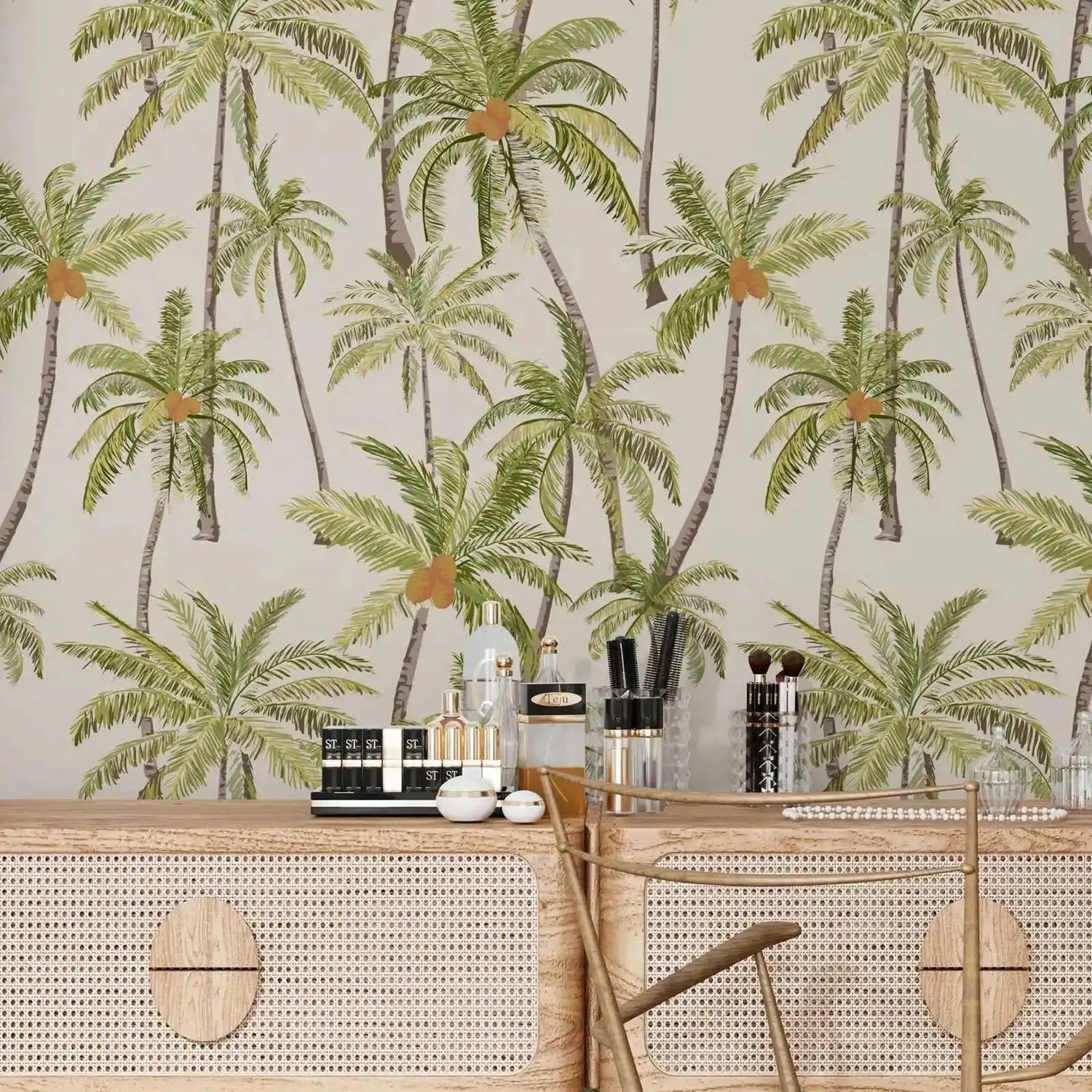 Dining area with palm tree wallpaper and wooden furniture.