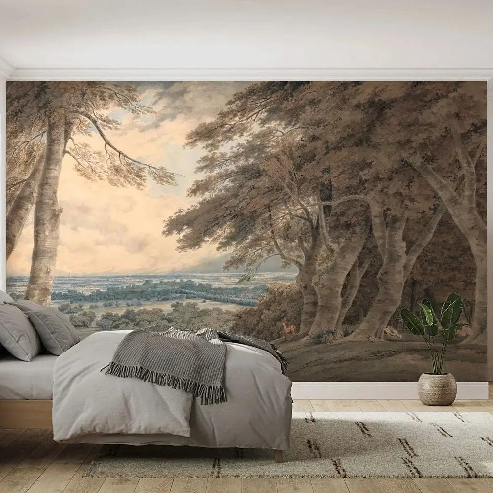 Bedroom with a large wall mural of a landscape with trees and a valley.