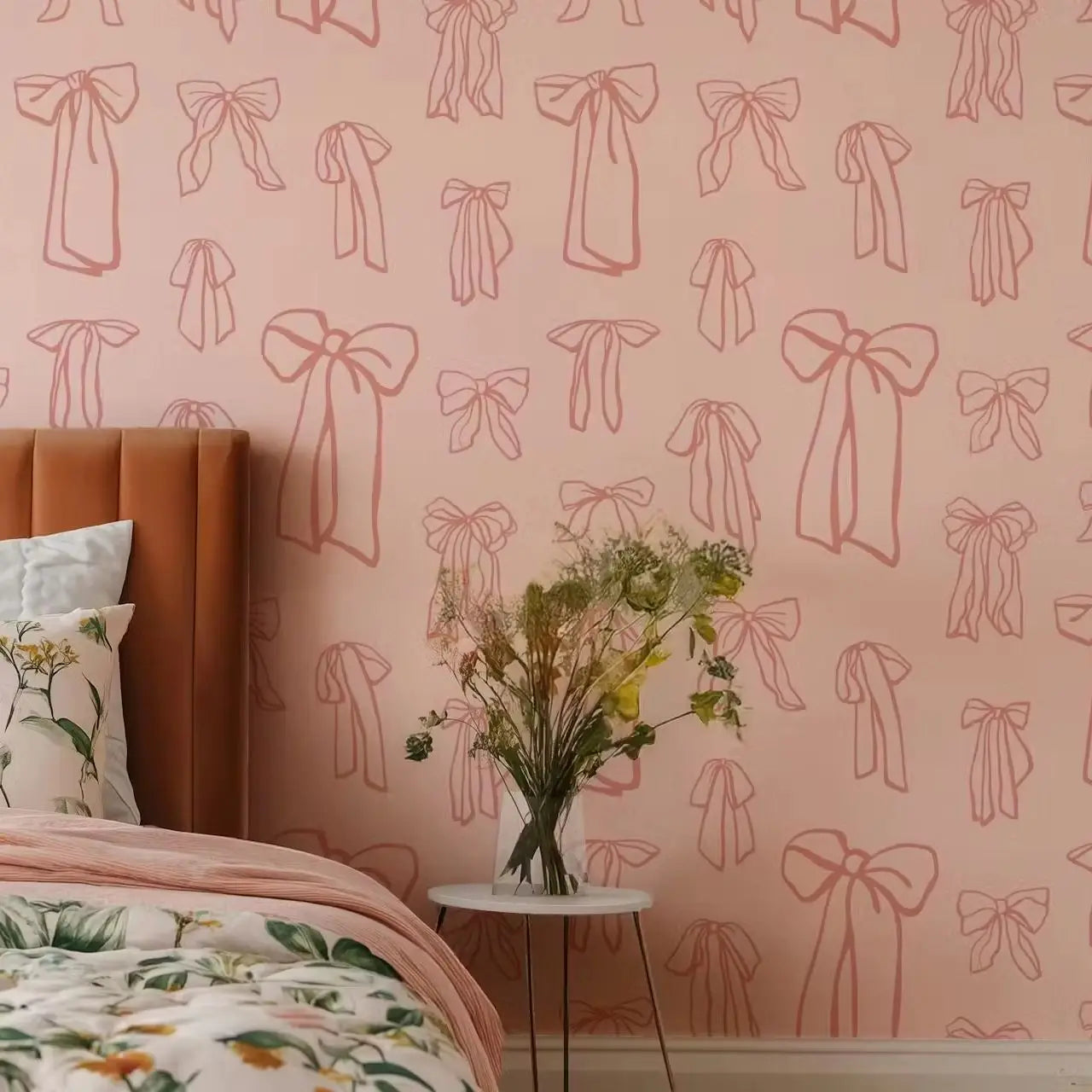 Bedroom with pink bow-patterned wallpaper, floral bedspread, and a small table with flowers.