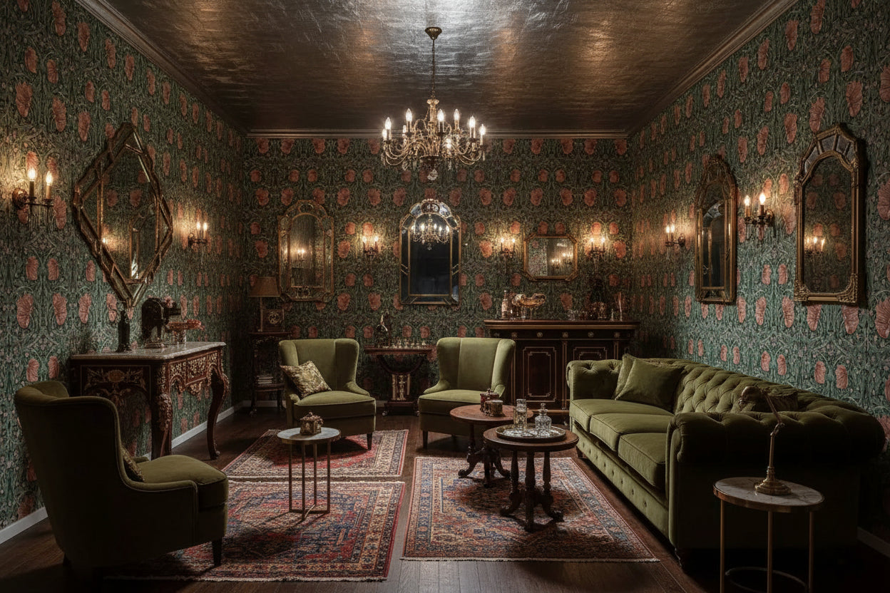 Room interior with floral wallpaper, wooden table, and chair.