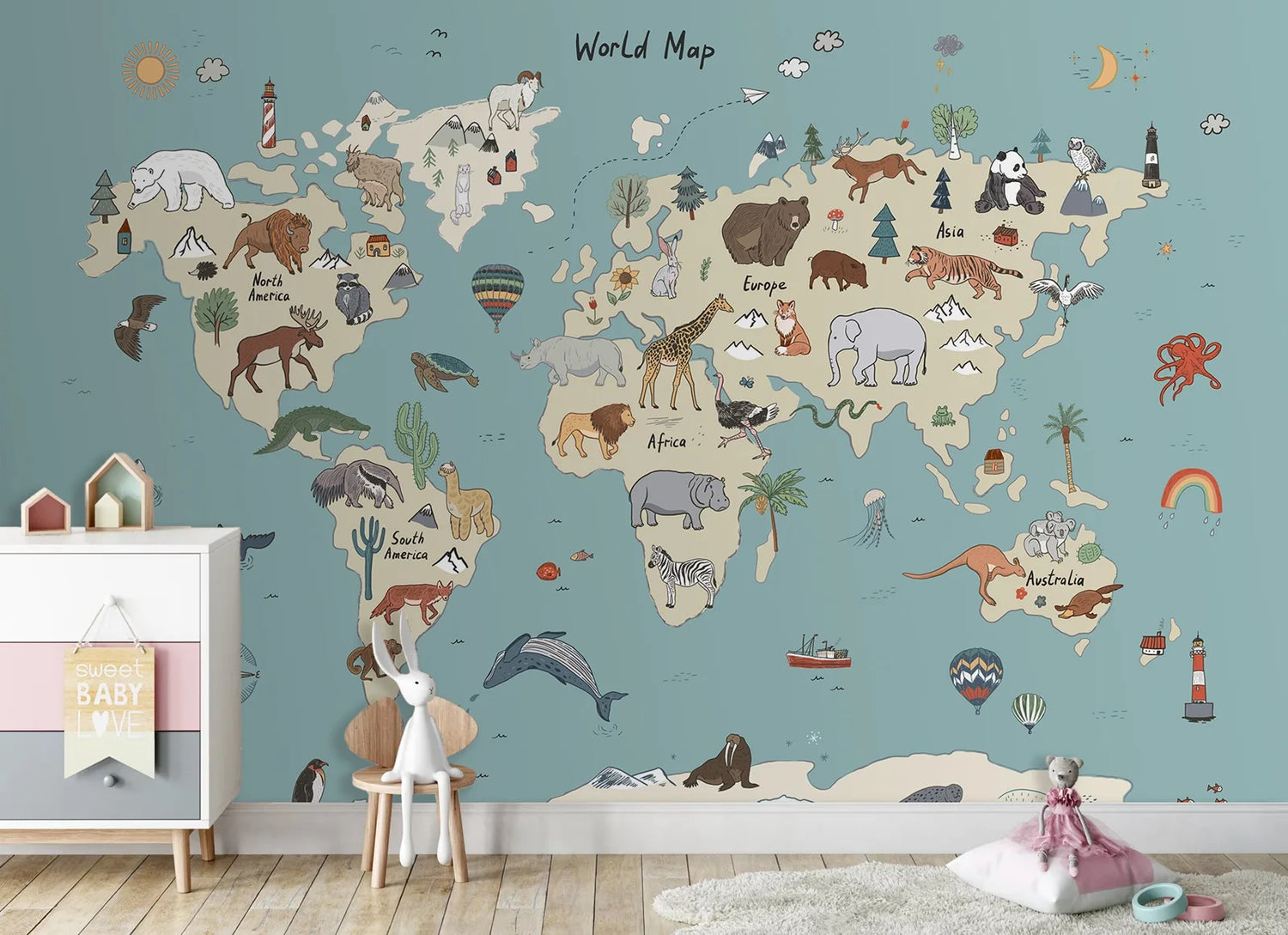 World Map With Animals Kids Mural