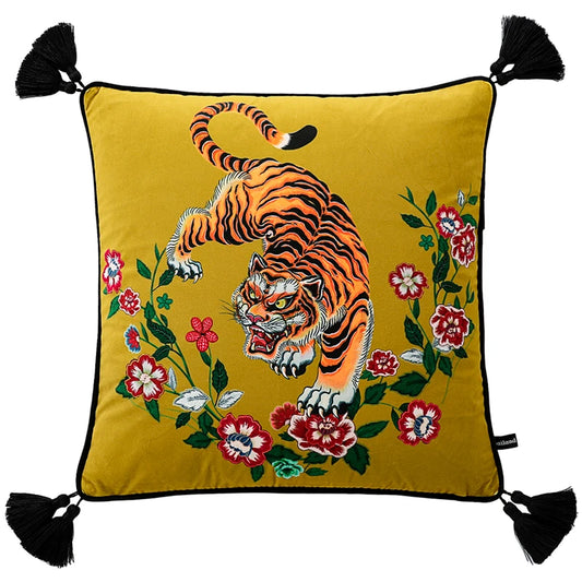 Infuse your decor with exotic allure using this floral Asian tiger velvet pillow cover adorned with tassels. The rich velvet fabric and intricate floral tiger motif create a striking focal point, while the tassels add a touch of elegance. Elevate your sofa or bed with this luxurious and distinctive cover, bringing a blend of sophistication and adventurous spirit to your living space.