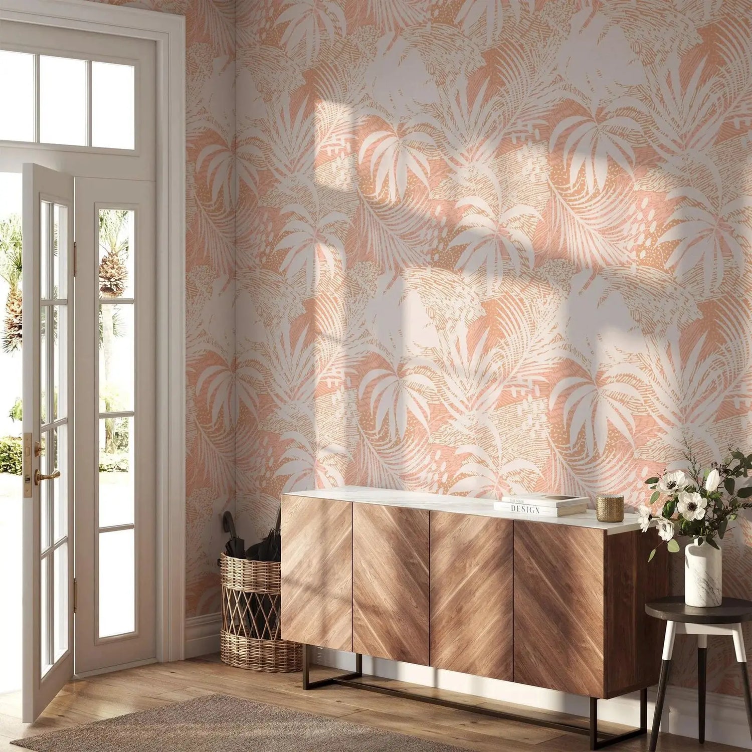 Room interior with floral wallpaper and wooden cabinet