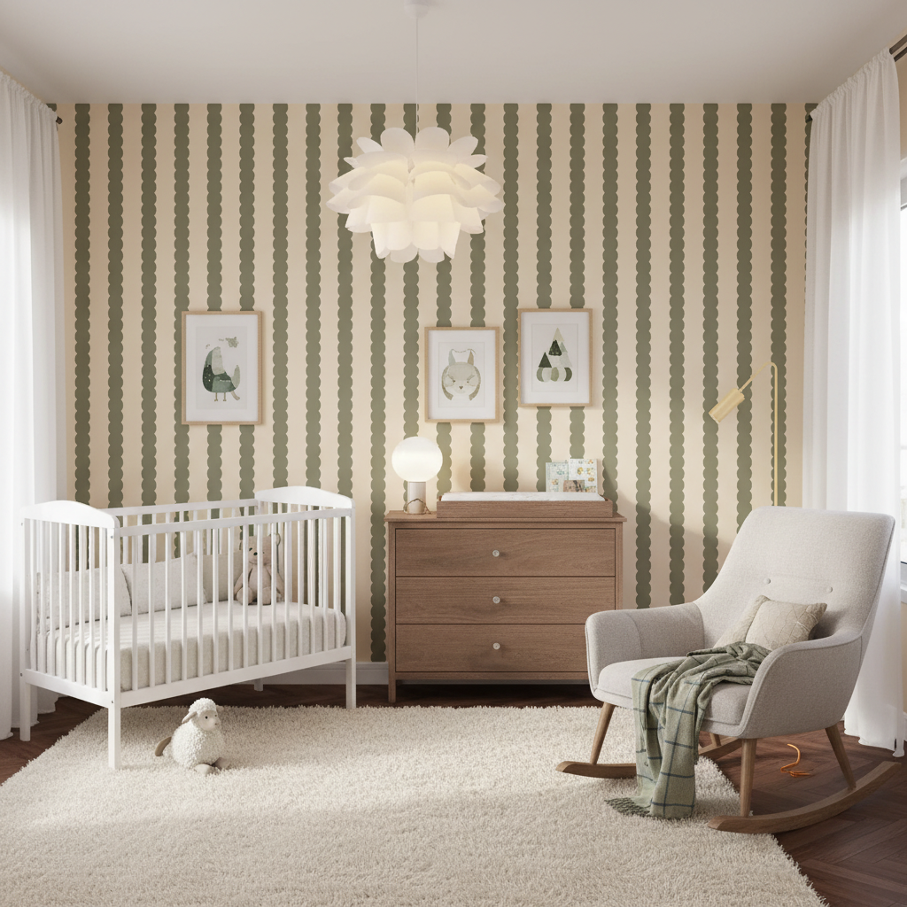 Nursery room with striped wallpaper, crib, dresser, and armchair.