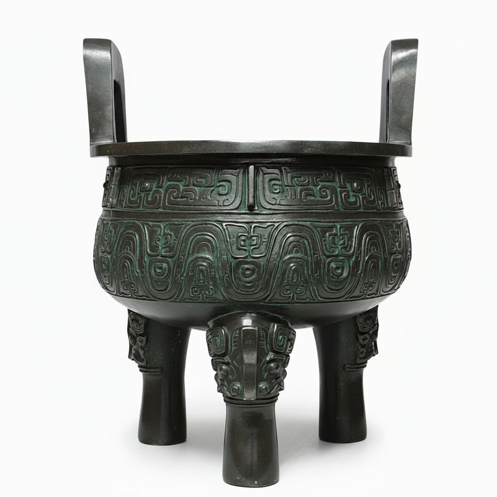 Bronze tripod cauldron with intricate designs on a wooden stand against a gray background.