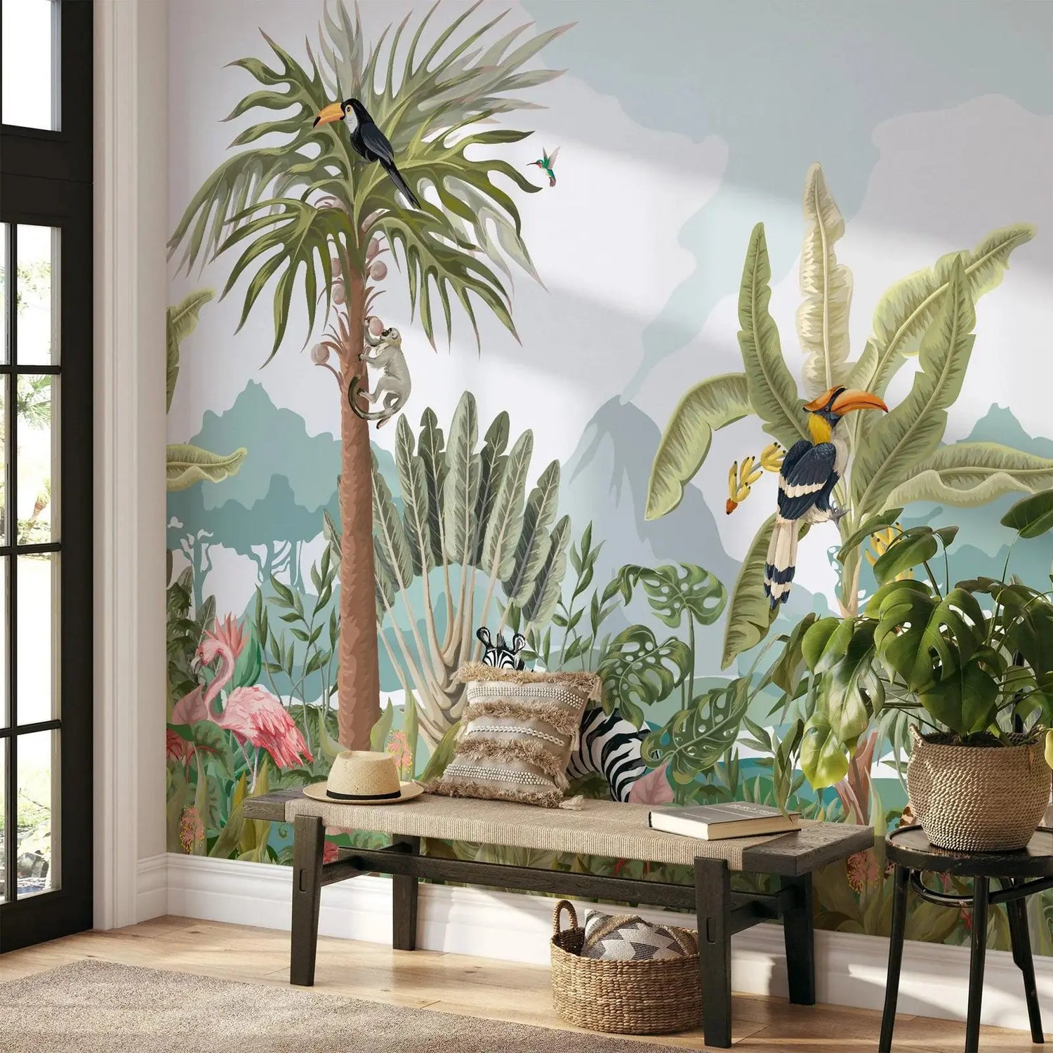 Jungle Animals & Tropical Leaves Wallpaper