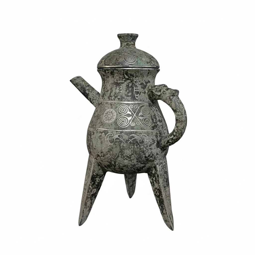 Bronze teapot with intricate designs on a black background