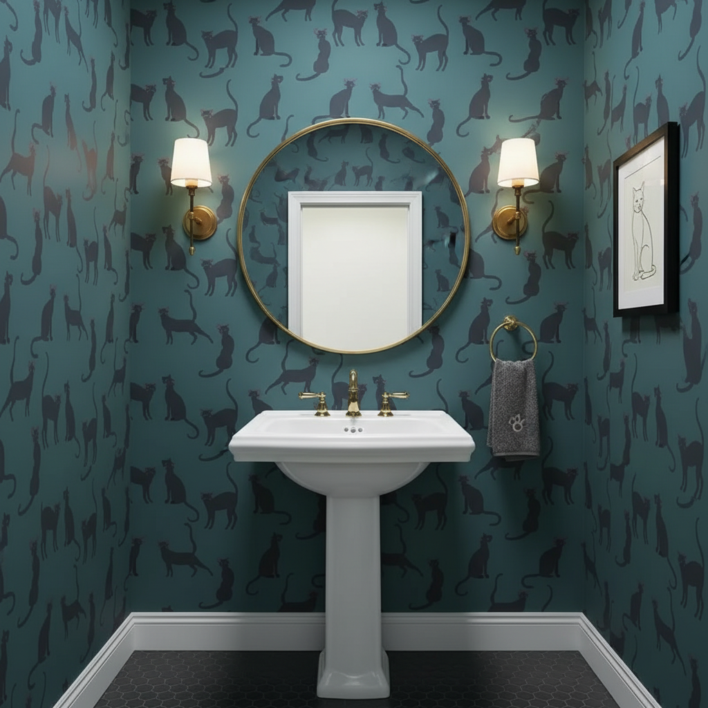 Bathroom with teal walls featuring black cat silhouettes, a white pedestal sink, and decorative elements.