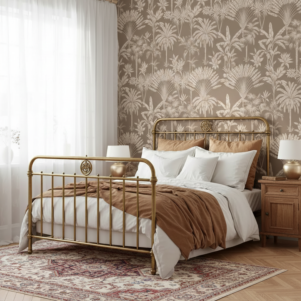 Bedroom with gold metal bed frame, white bedding, and floral wallpaper.