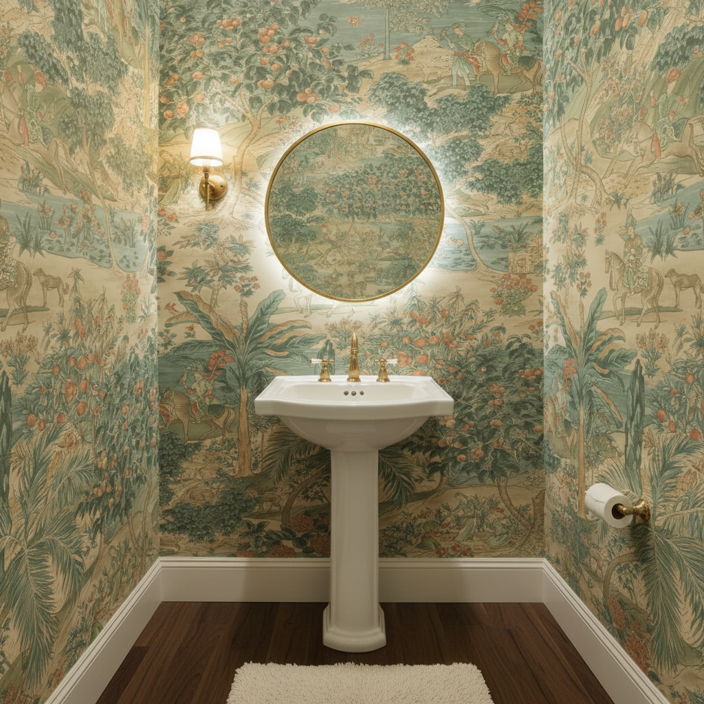 Bathroom with decorative wallpaper, pedestal sink, and round mirror.