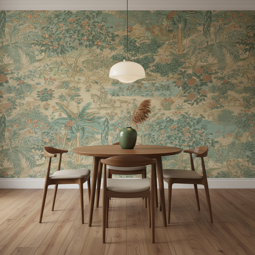 Dining area with a round table and chairs against a decorative wallpaper.