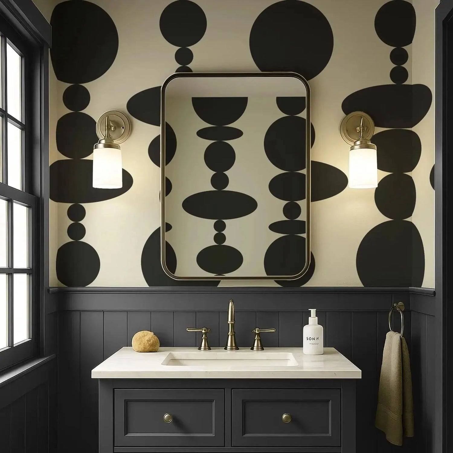 Bathroom with black and white patterned wallpaper, sink, and decorative elements.