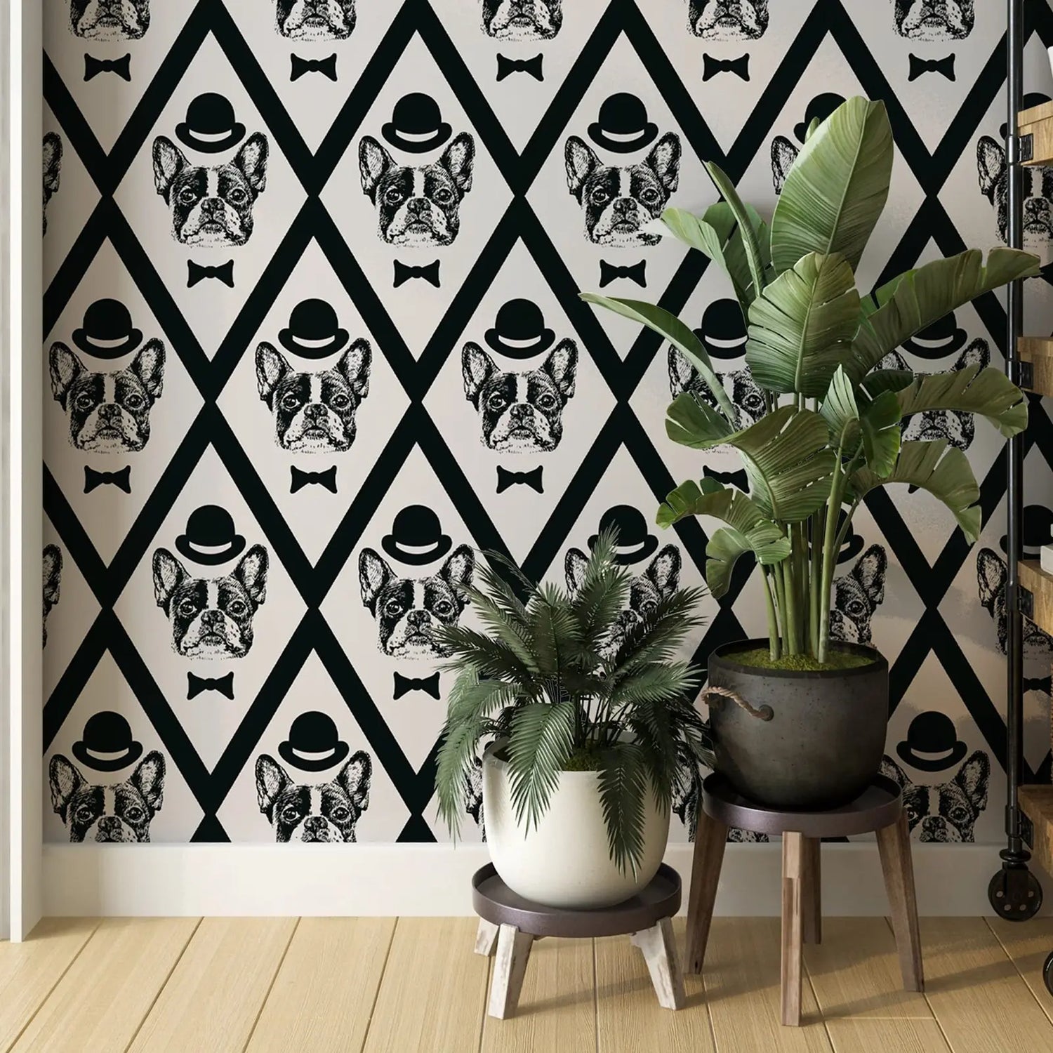 Room interior with wallpaper featuring black and white dog pattern, plants on stools, and wooden floor.