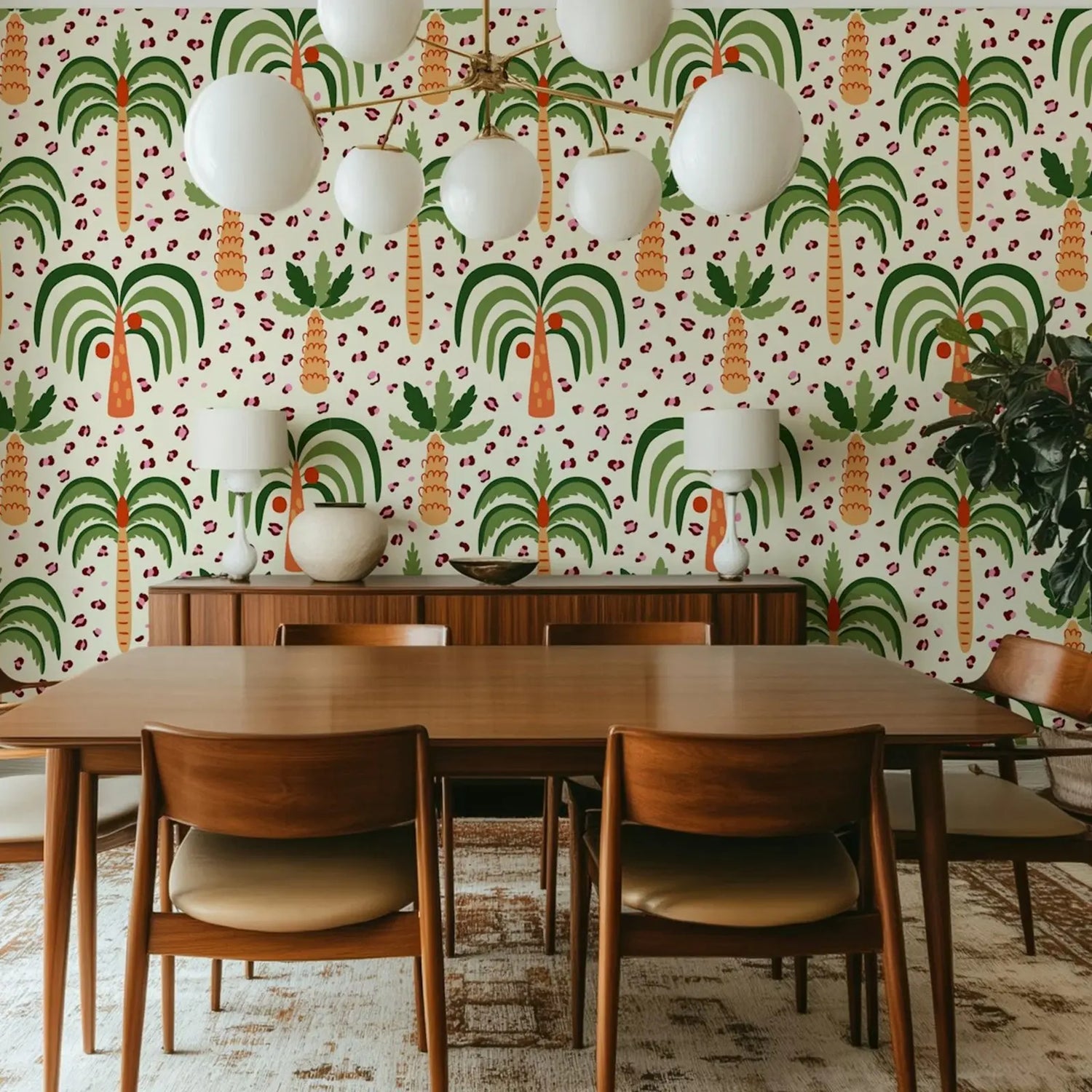 Dining room with wooden table and chairs against a colorful palm tree wallpaper.