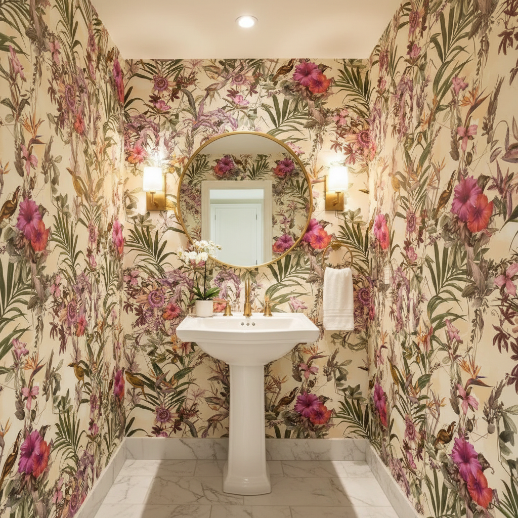Bathroom with floral wallpaper, pedestal sink, and round mirror.