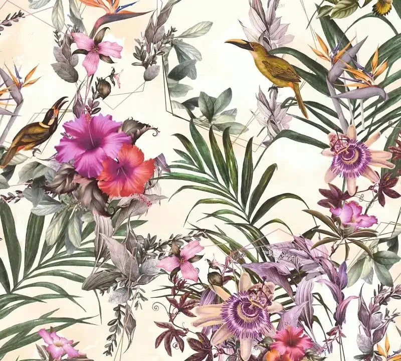 Tropical floral pattern with birds and flowers on a light background
