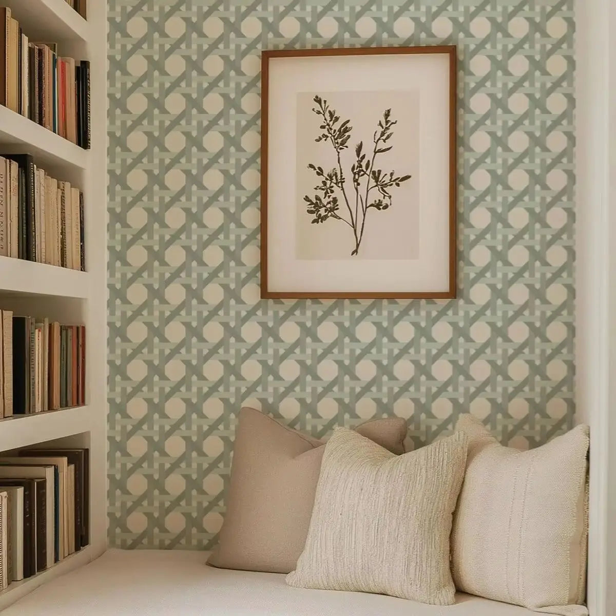 Framed botanical print on a wall with patterned wallpaper and a seating area with pillows.