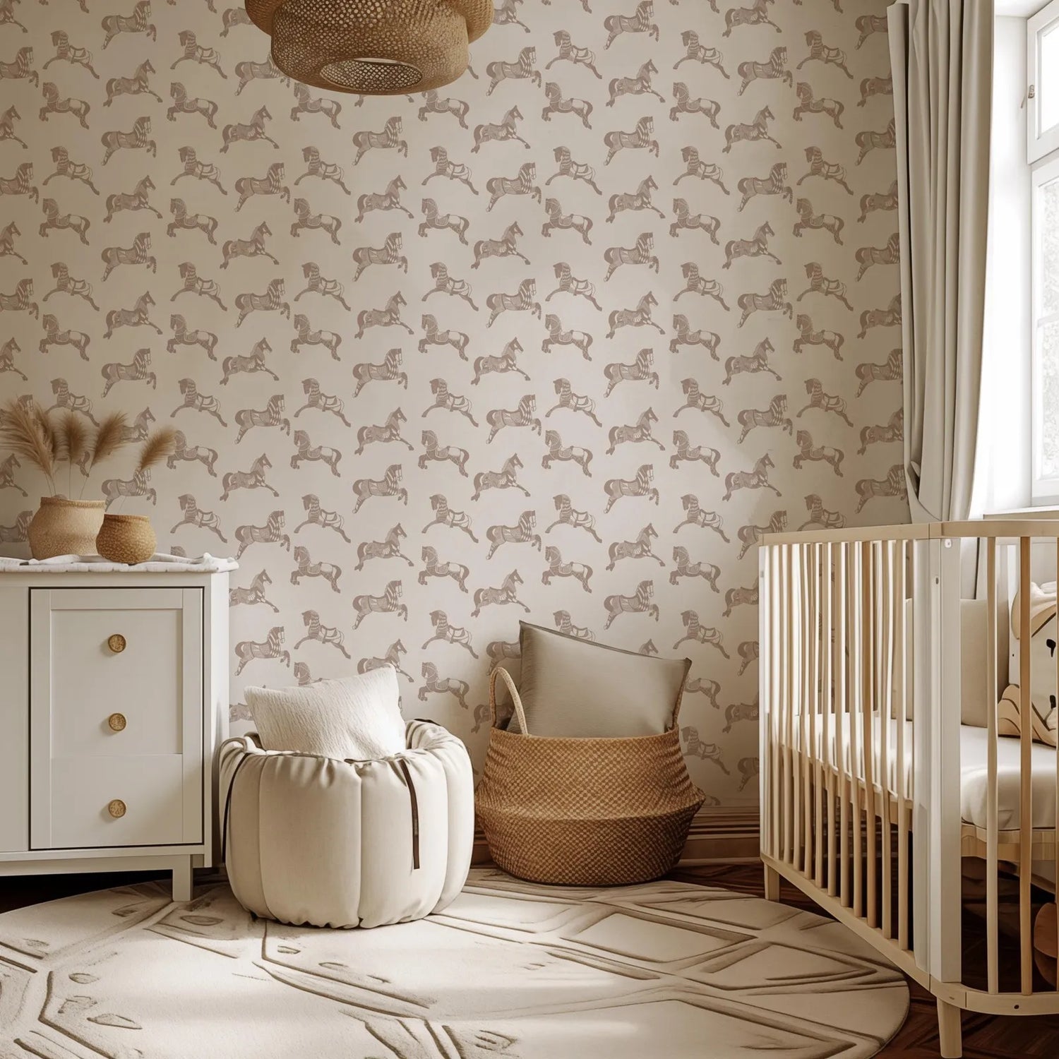 Nursery room with patterned wallpaper, crib, and decorative items.